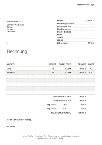 Numbers Vorlage Rechnung zwei MwSt-Sätze